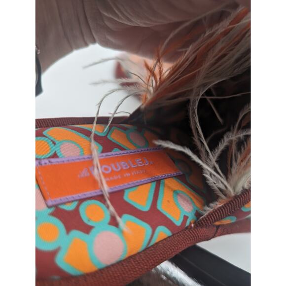 La Double J Boudoir Slipper Puzzle Bordeaux Faille Ostrich Feather Mule Small - Picture 9 of 15